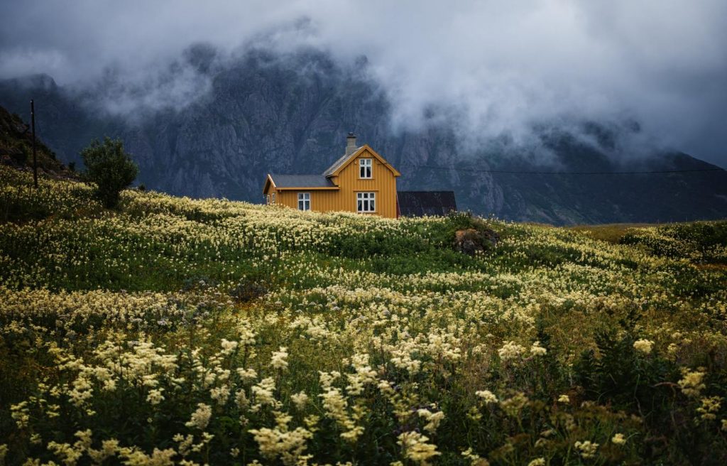 Incredibly pretty house amidst spectacular surroundings we get to see on our road trip through Norway